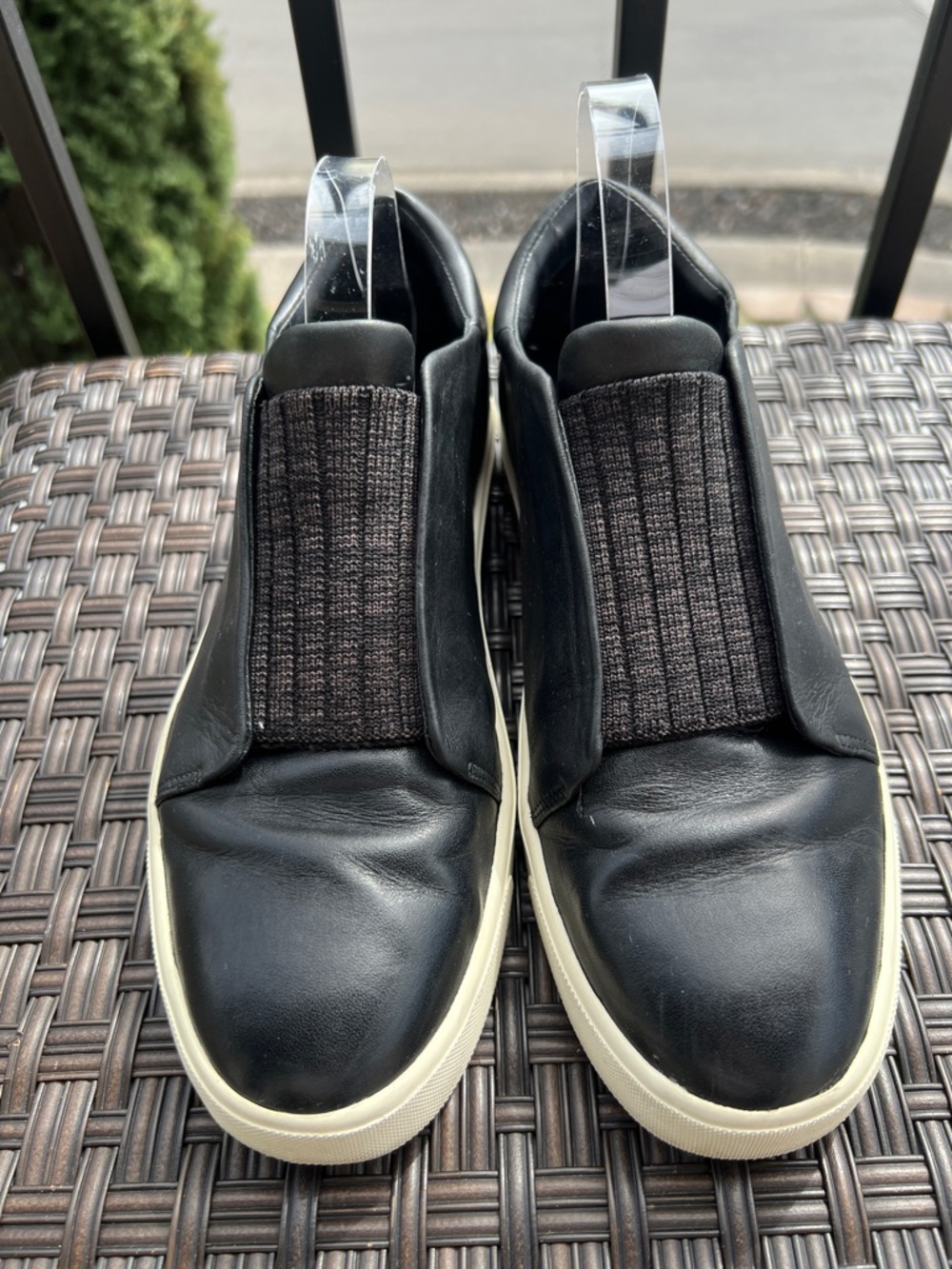 Vince Black Leather Slip-On Loafers with Elastic Panel